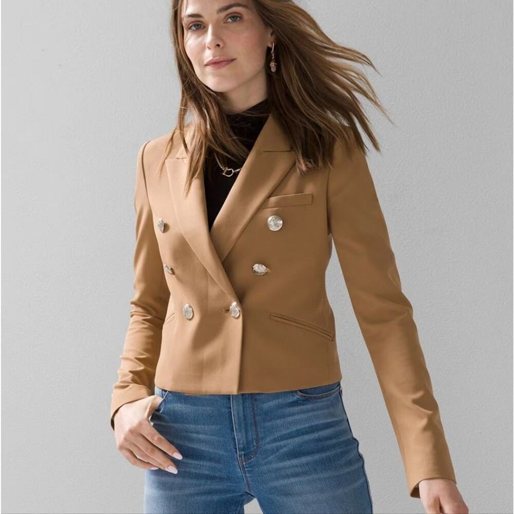 WHBM Studio Double-Breasted Cropped Blazer Toasted Coconut Caramel Tan Jacket 4 - Picture 15 of 15